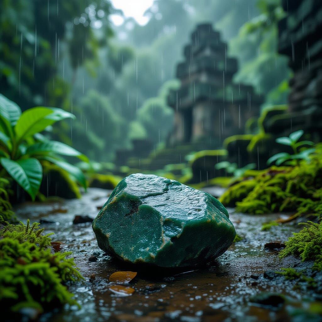 Glistening Chrysoprase Ore Amidst Rainy Maya Ruins