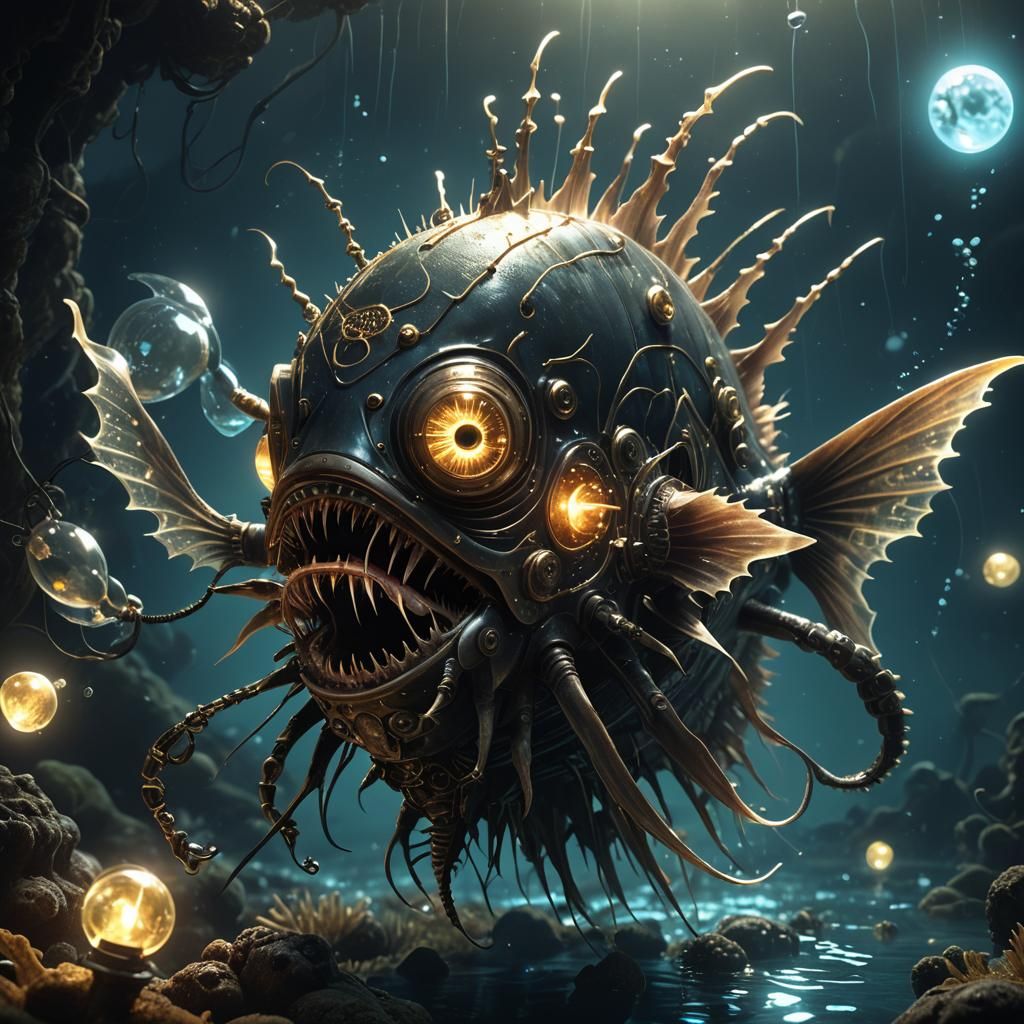 Clockwork Anglerfish in Eerie Underwater Scene