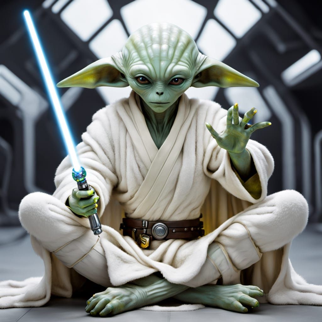 Humanoid Alien Jedi with Soft White Fur in Meditative Pose
