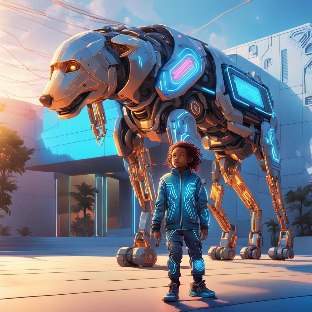 Cyberpunk Child and Robotic Dog in Neon Cityscape