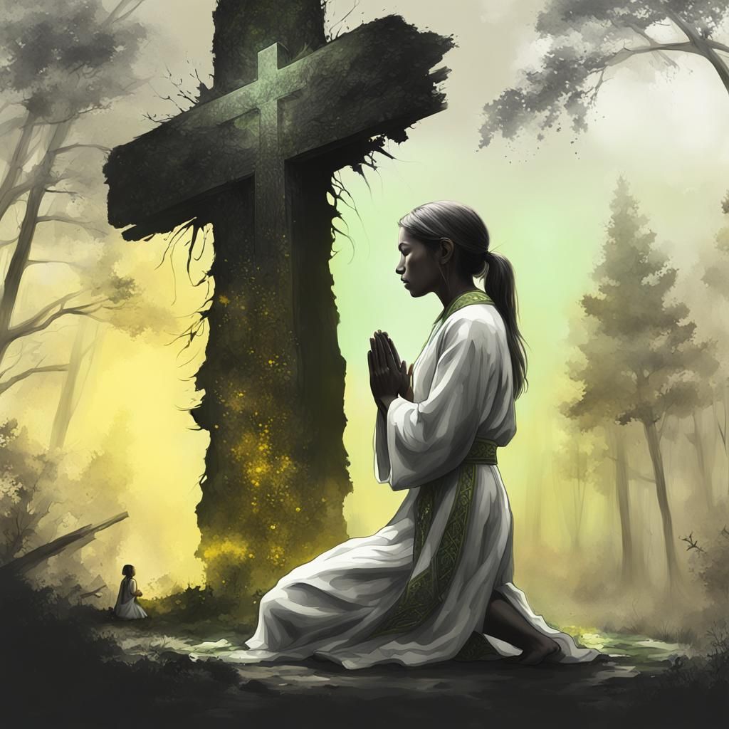 Woman Praying Before Cross in Watercolor Landscape