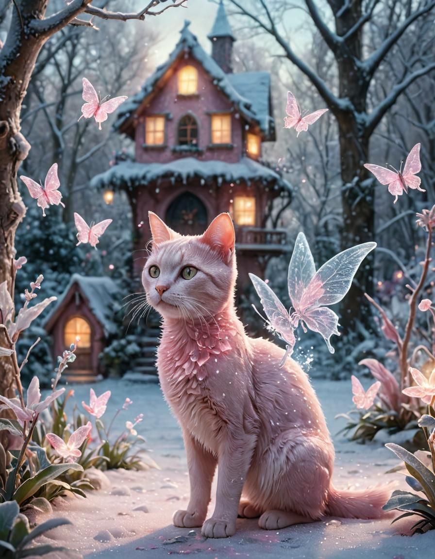Icy Pink Cat in a Magical Winter Garden