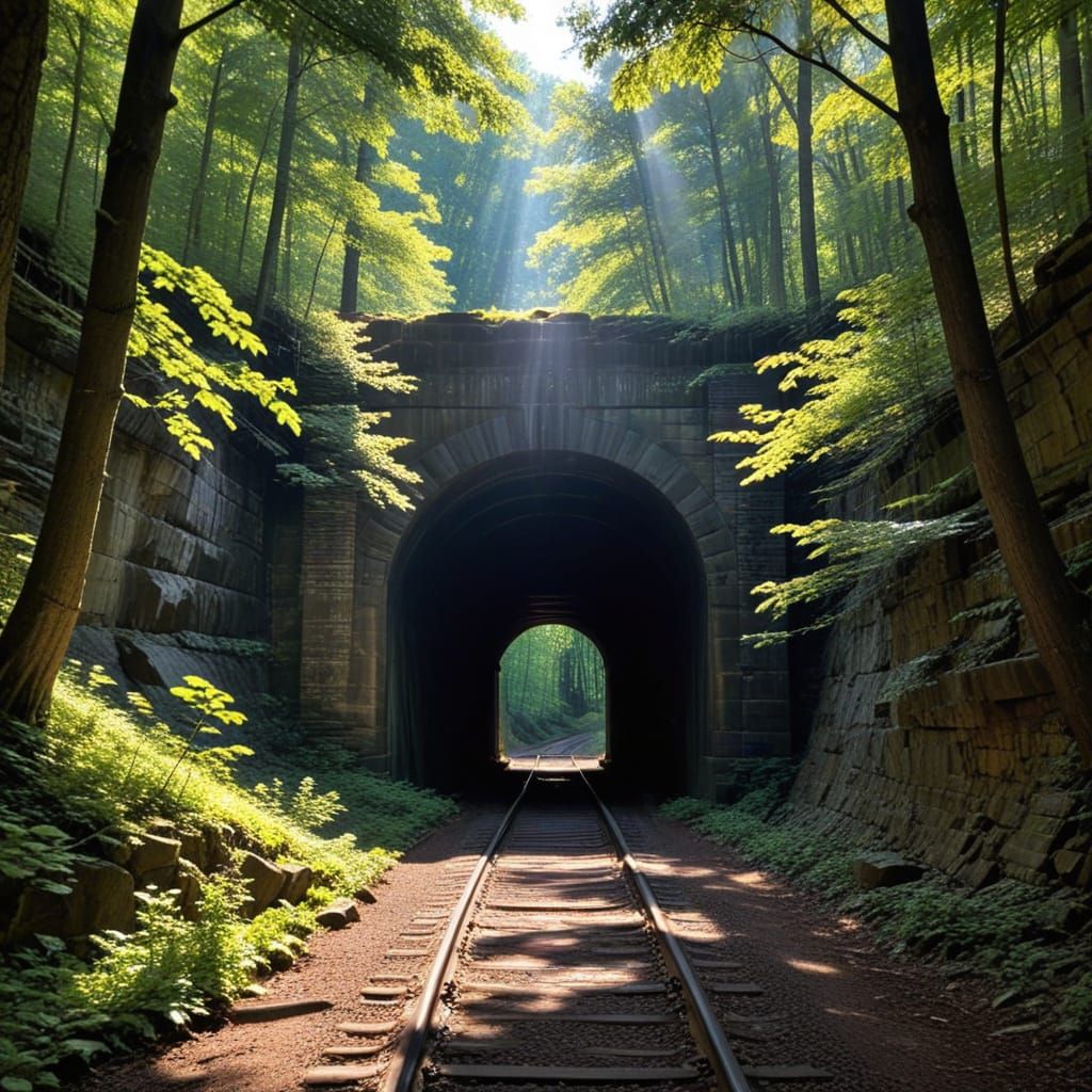 Vintage Appalachian Train Tunnel in Sunlit Woods
