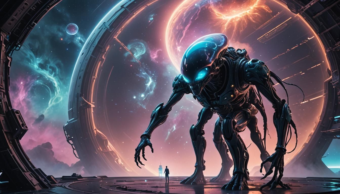 Alien Gazing at Nebula in Surreal Sci-Fi Art