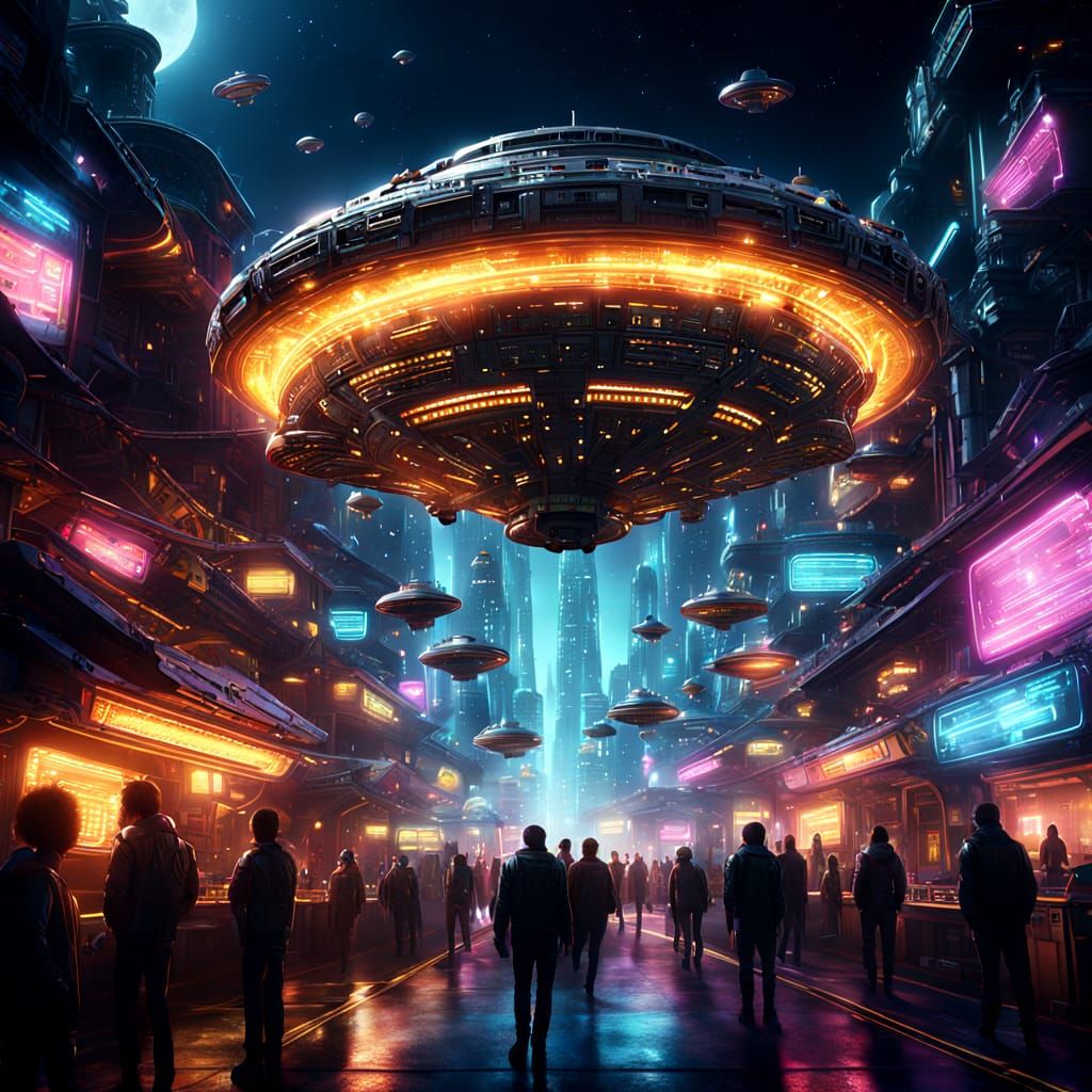 Sci-Fi Mothership Over Cyberpunk Alien Town