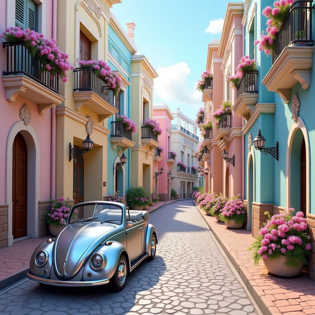 Whimsical Street Scene with Retro-Futuristic Car