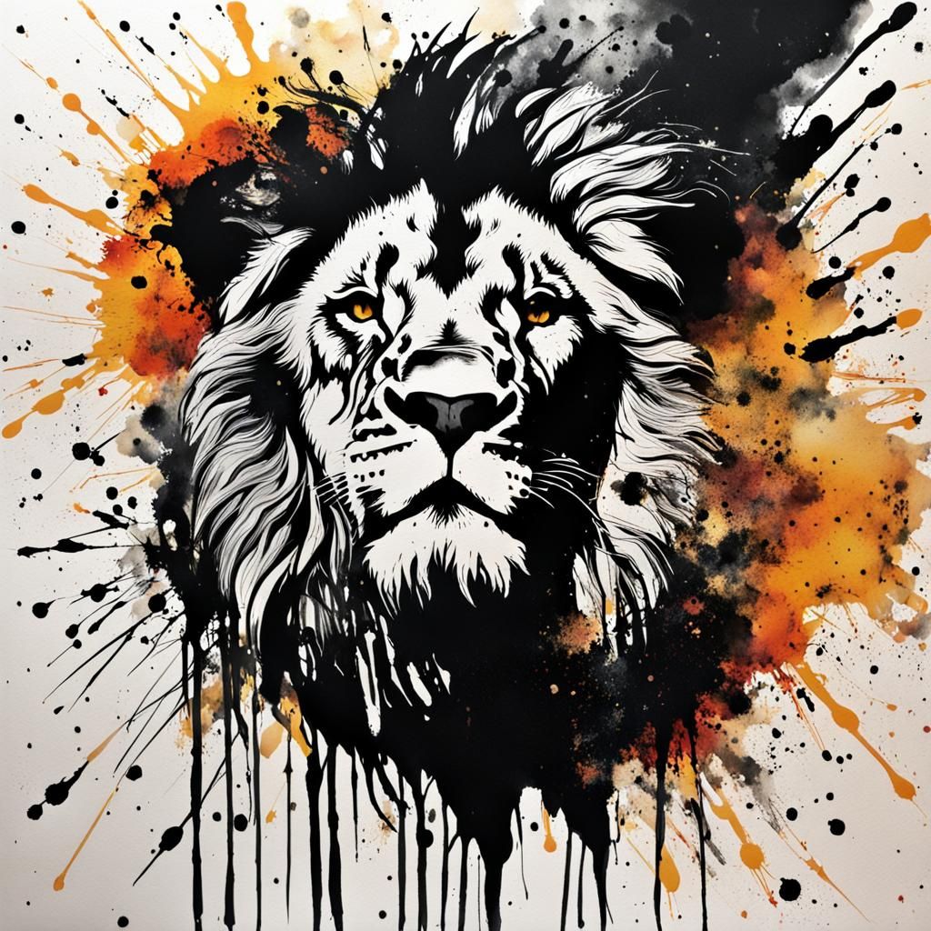 Lion in Ink Splatter Art with Black Flames