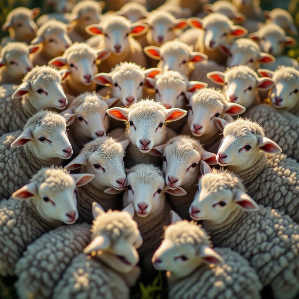 Overhead View of Lambs in Dappled Sunlight