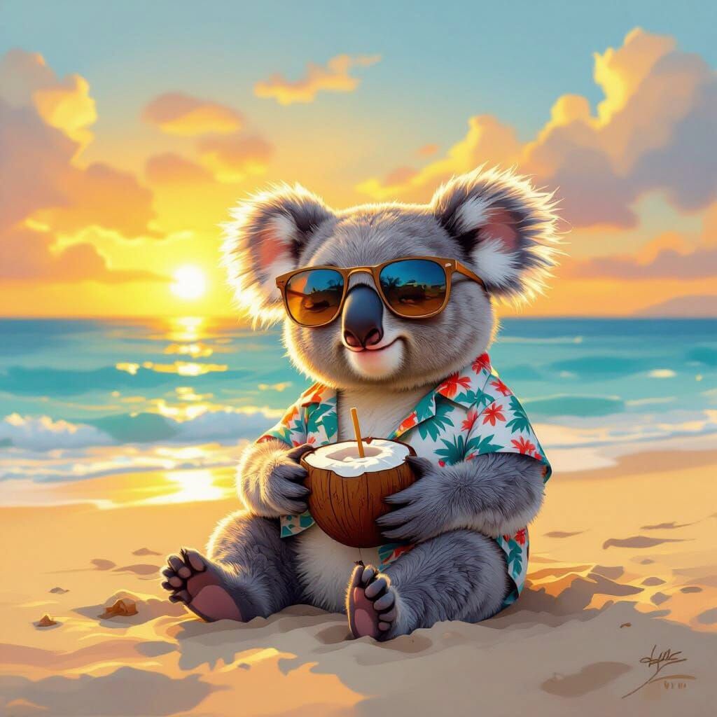 Fluffy Koala Enjoys Sunset Beach Vacation
