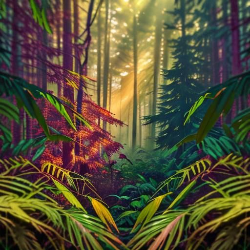 Eerie Forest at Sunset with Golden Light