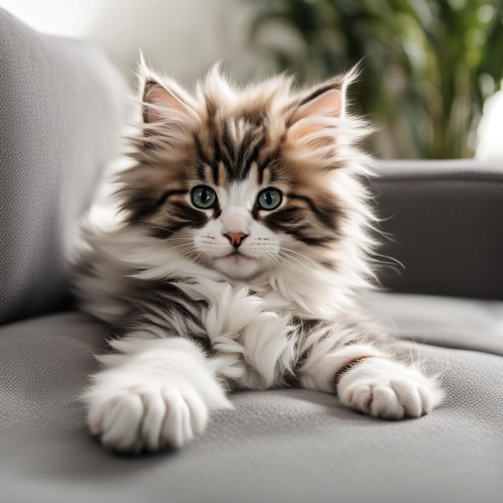 Fluffy Kitten Relaxing on Sofa