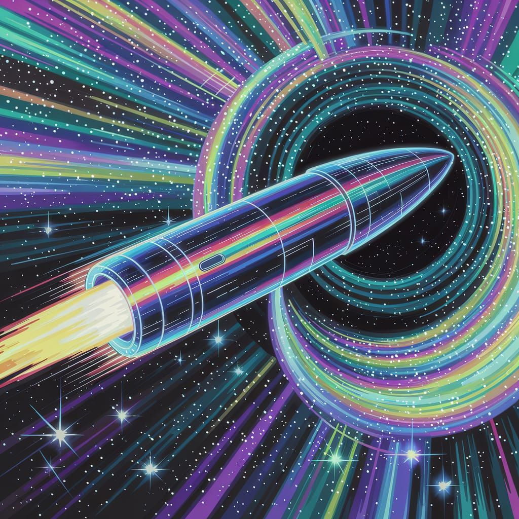Iridescent Starship Blasts Through Cosmic Vortex