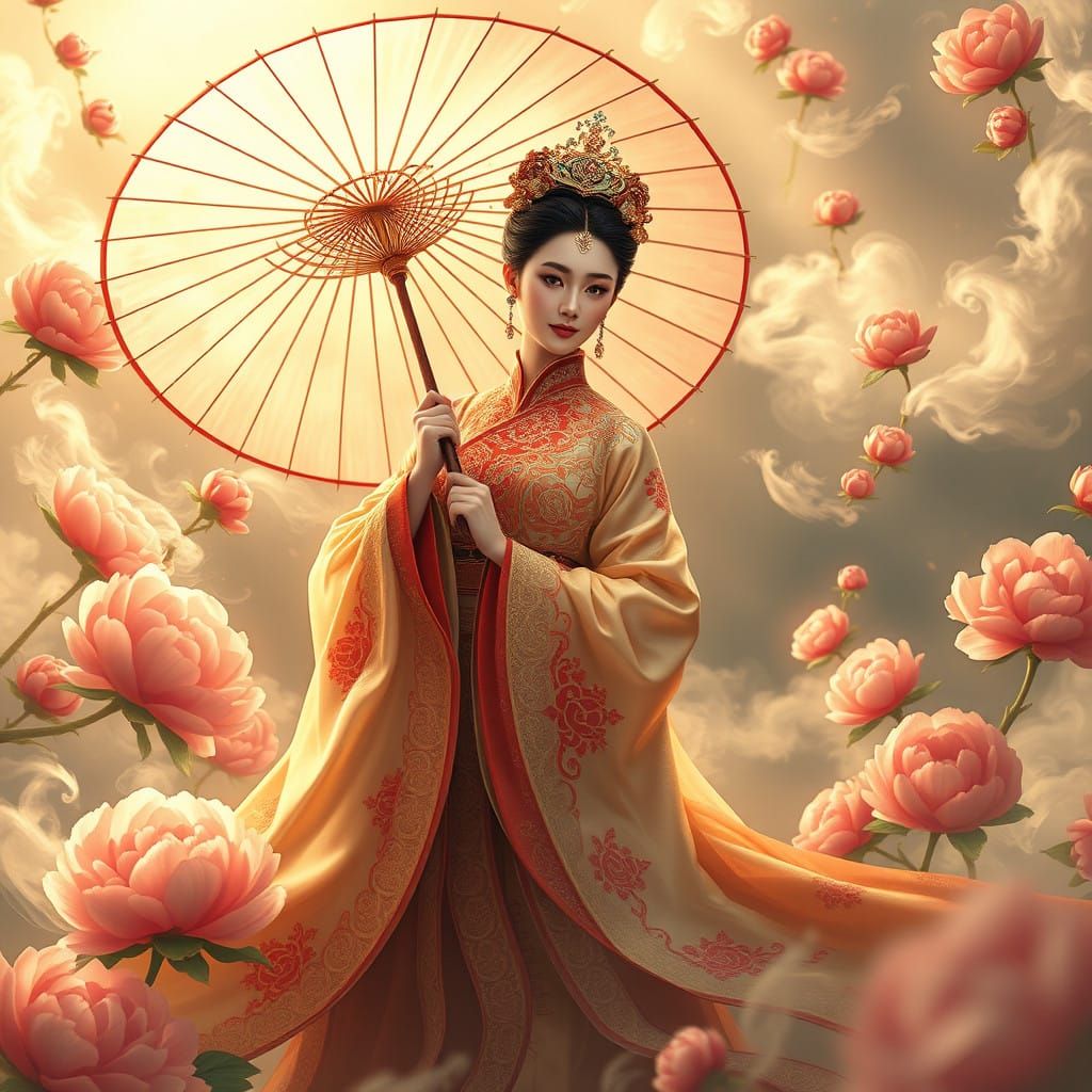 Regal Princess in Opulent Hanfu Attire, Surrounded by Vibran...