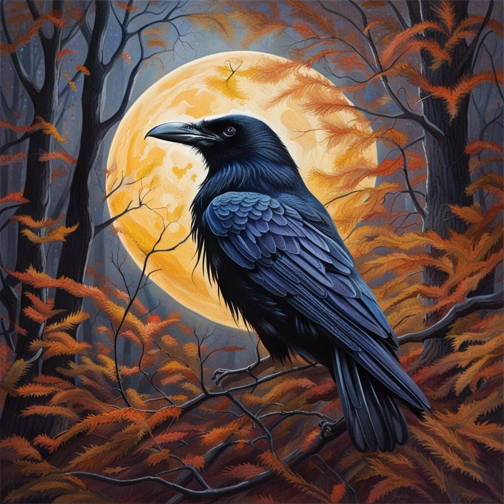 Mystical Raven in Autumn Woods: Hyperrealistic Gouache