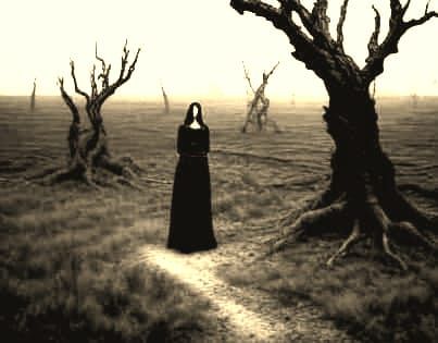 Ethereal Surrealist Woman in a Desolate, Twisted Landscape