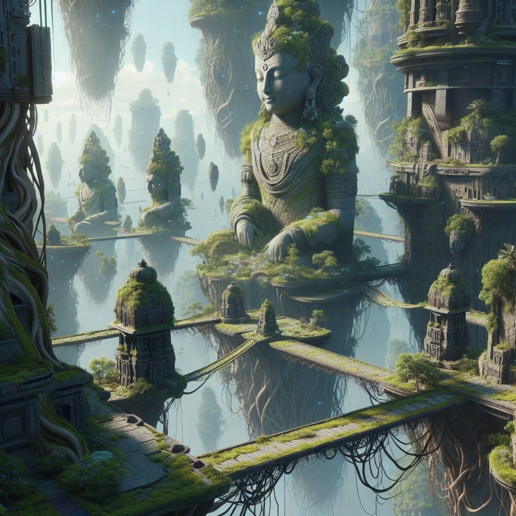 Giant Stone Deities in Aerial City Forest with Mossy Root Br...