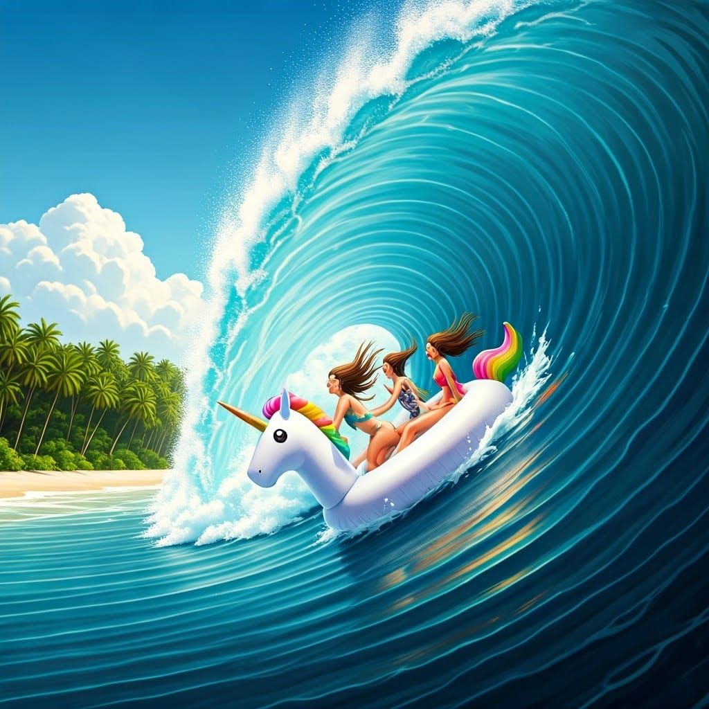 Women Ride Unicorn Wave in Tropical Paradise