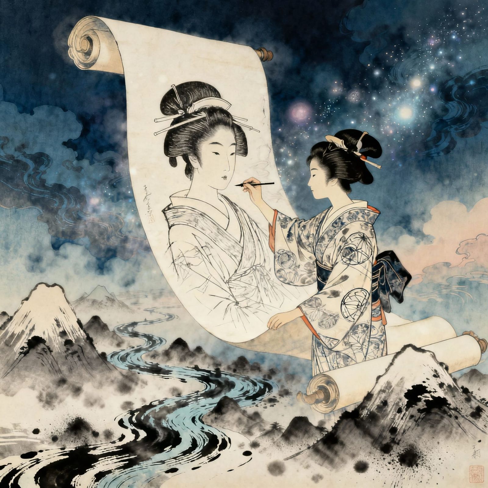 Geisha Artist Creates Mystical Scroll in Dreamlike Style