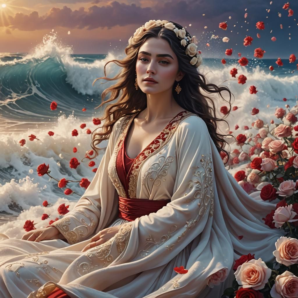 Woman in Red Abaya Emerging from Foam