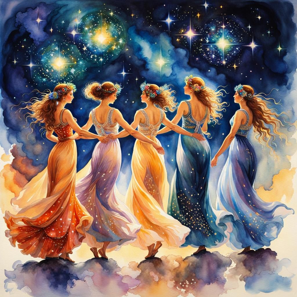 Women Dancing Under Stars in Watercolor Style