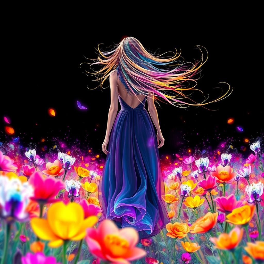 A woman walking through a field of flowers,