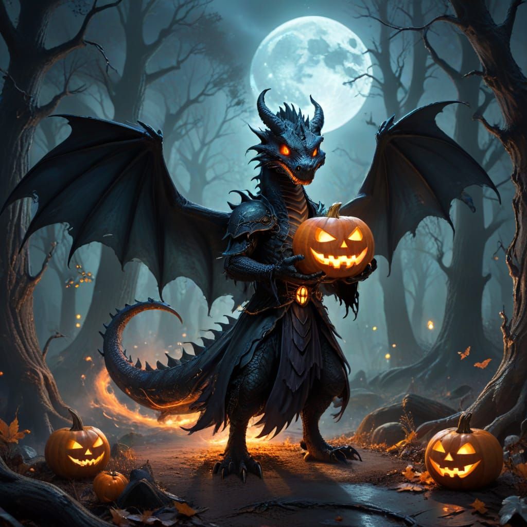 Friendly Witch Dragon with Jack-o'-Lantern in Haunted Forest