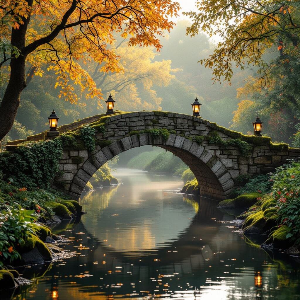 Ancient Stone Bridge in Autumn Golden Hour