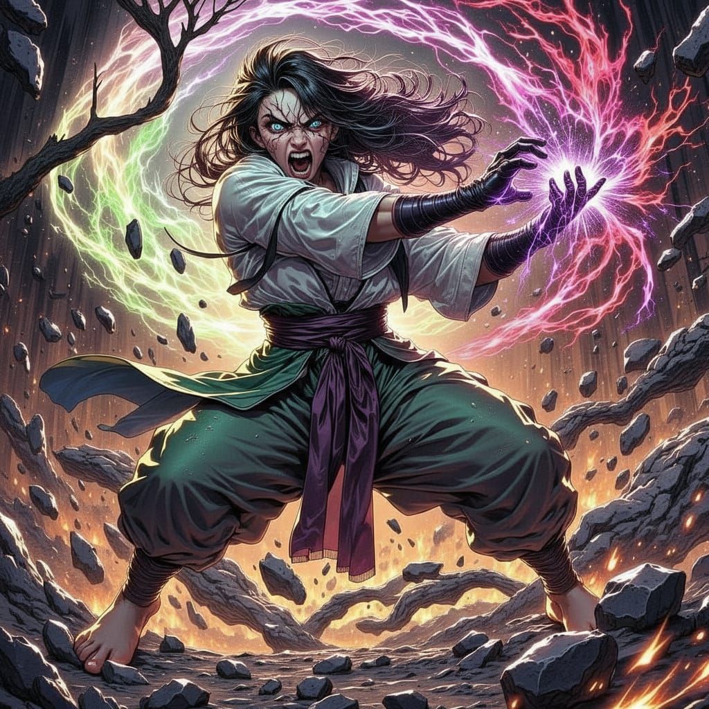 80s Anime Martial Arts Battle in Dark Urban Fantasy