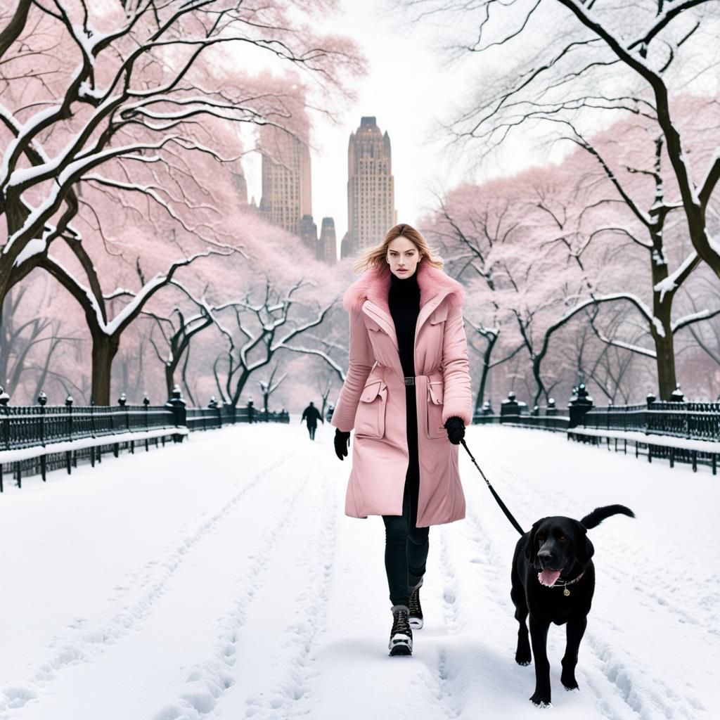 Woman Walks Labrador in Snowy Central Park