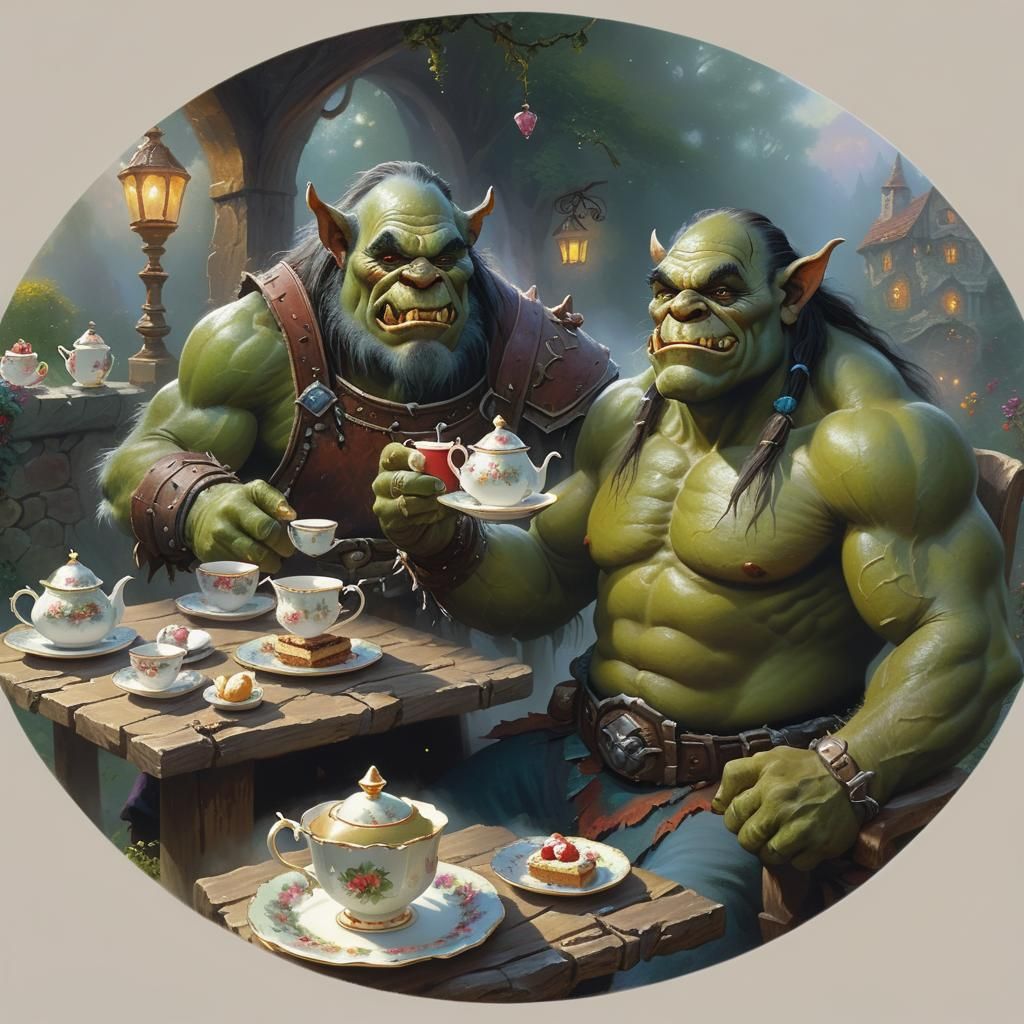 Orcs' Ethereal Tea Party in Kinkade Style