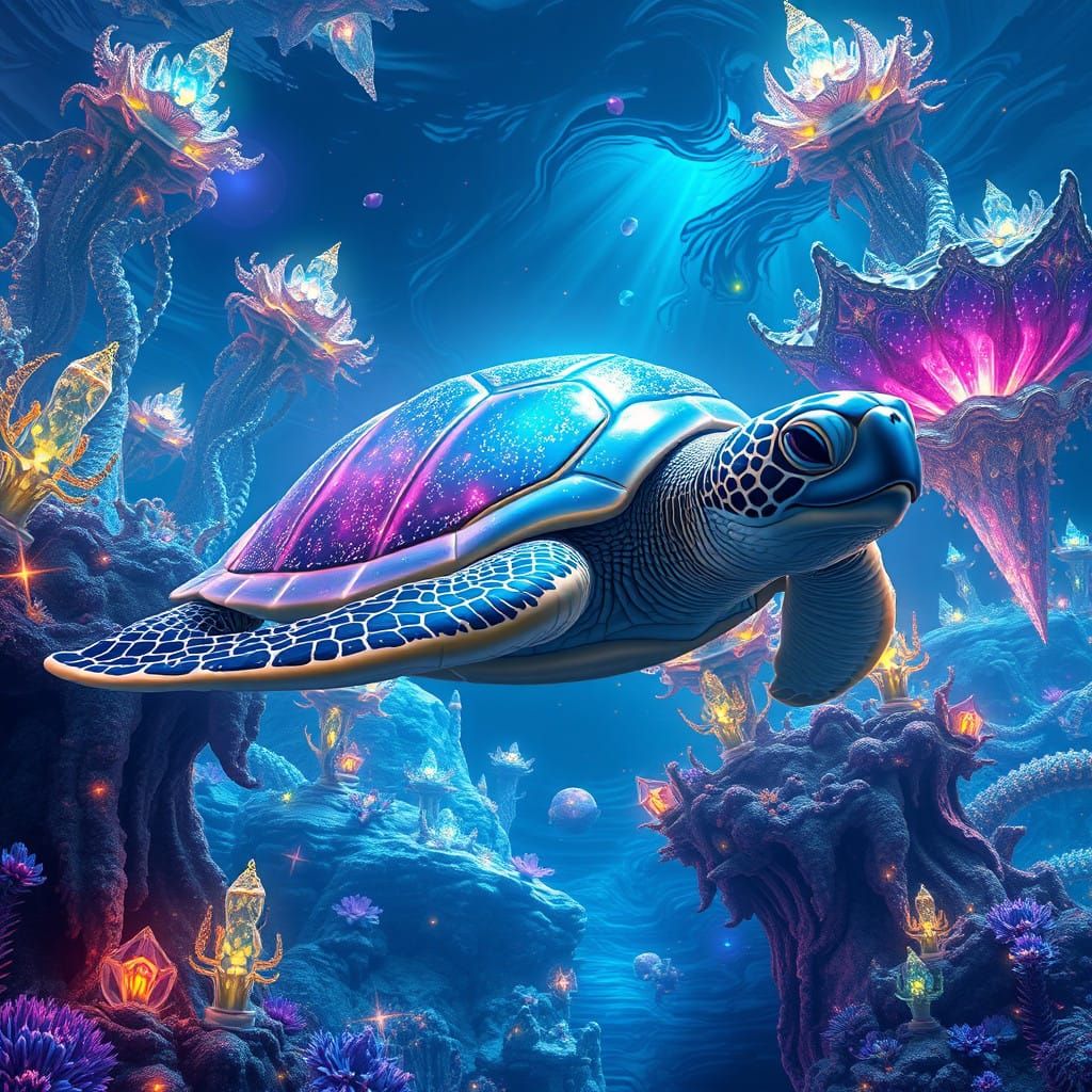 Majestic, Iridescent Sea Turtle in a Kaleidoscopic, Glowing...