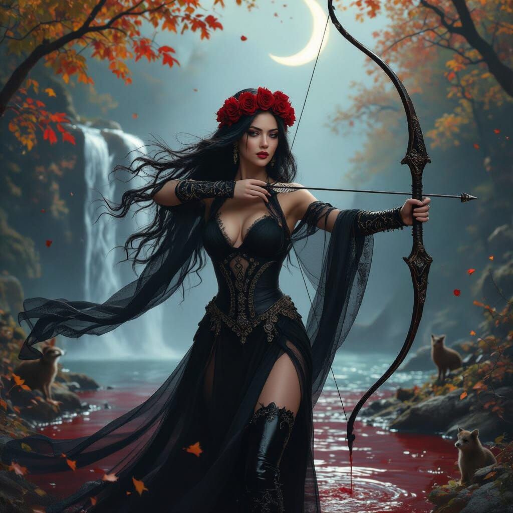 Goddess with Rose Crown Amidst Dramatic Autumn Scene