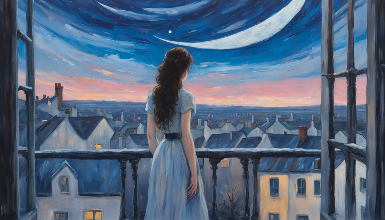 Moonlit Garret Window Scene in Neo-Expressionist Style