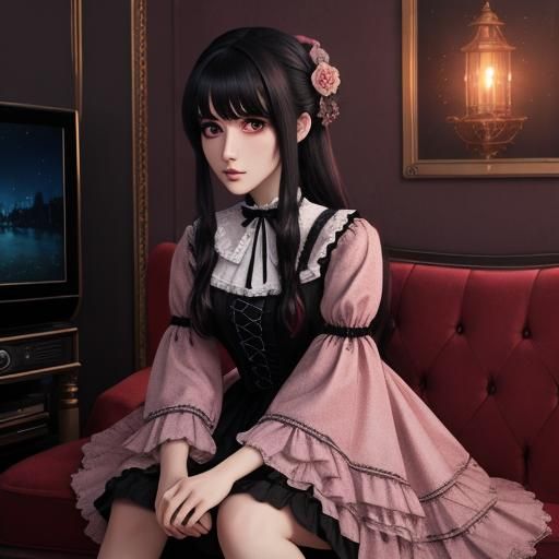 Goth girl watching tv