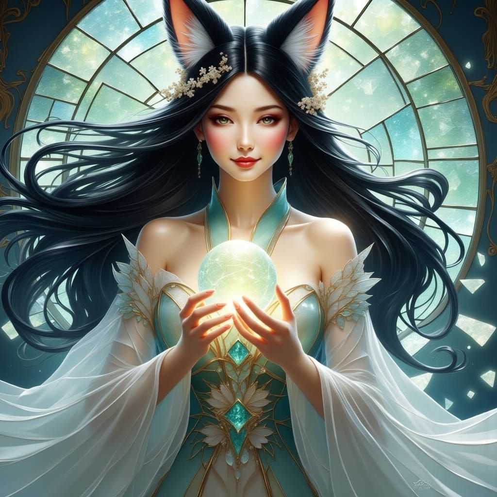 Gumiho with Glowing Orb and Broken Glass Effect