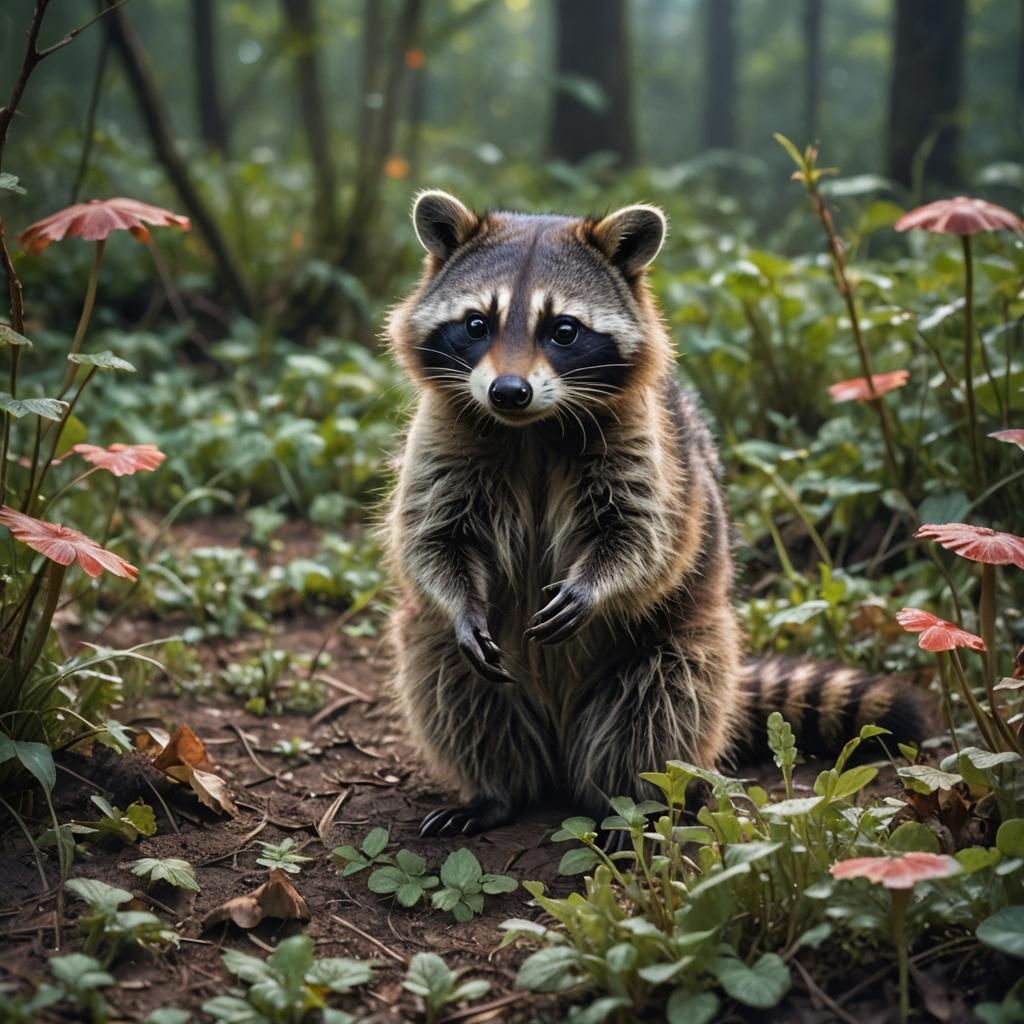 Tie-Dyed Raccoon Foraging in Mushroom Field
