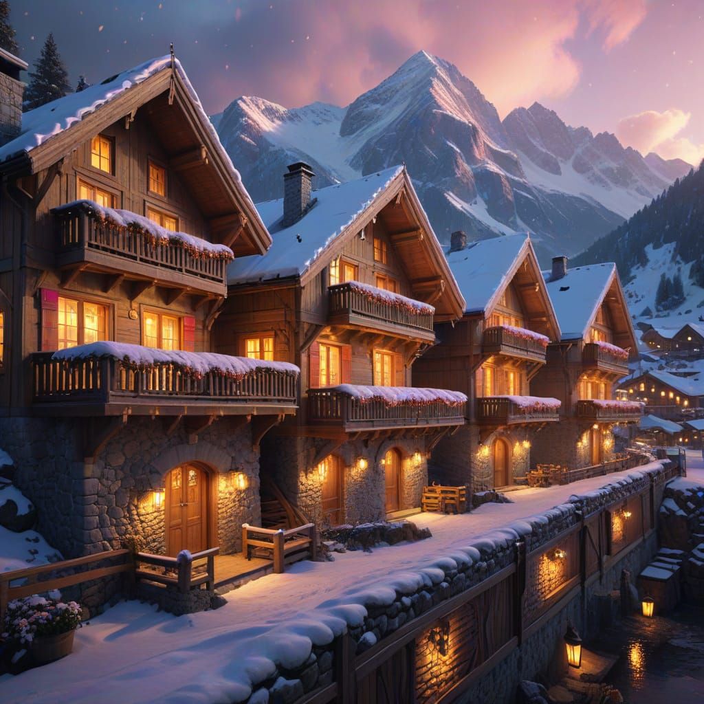 Alpine Village Sunrise Over Snow-Capped Mountains