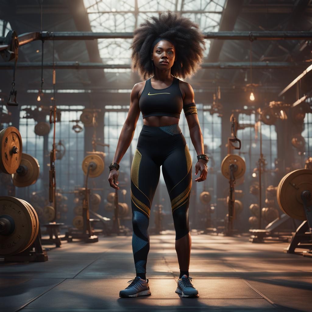 Detailed Matte Painting of Muscular Black Woman in Gym