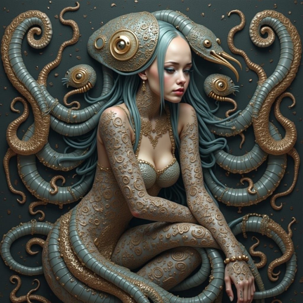 Squid Cyborg with Lobster Tattoos in Neo-Tokyo Style