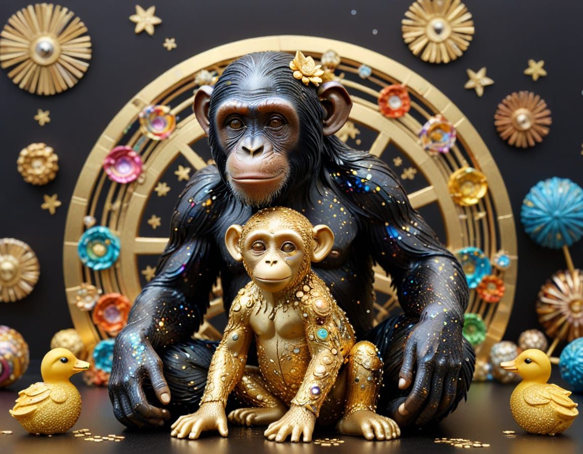 Rainbow Chimpanzee and Duckling in Klimt Style