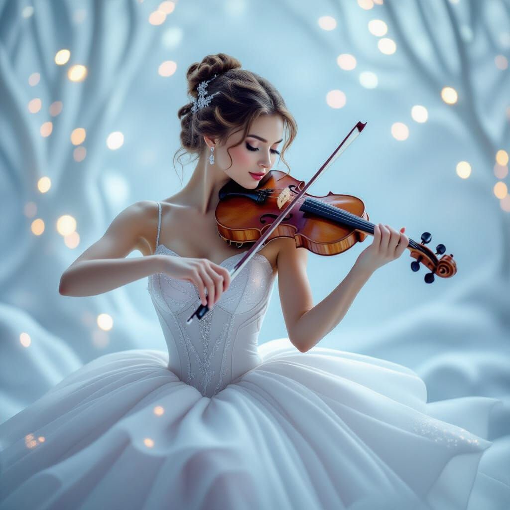 Ethereal Violinist in Pastel Winter Wonderland