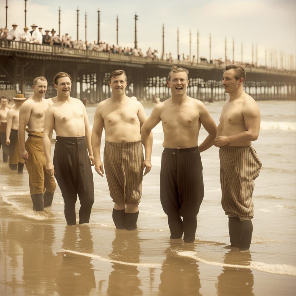Vintage Gentlemen Bathing at Brighton Beach, 1900s