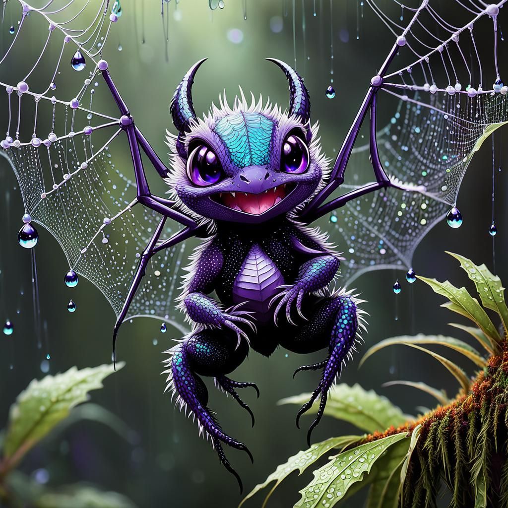 Chibi Dragon on Spider Web in Detailed Forest