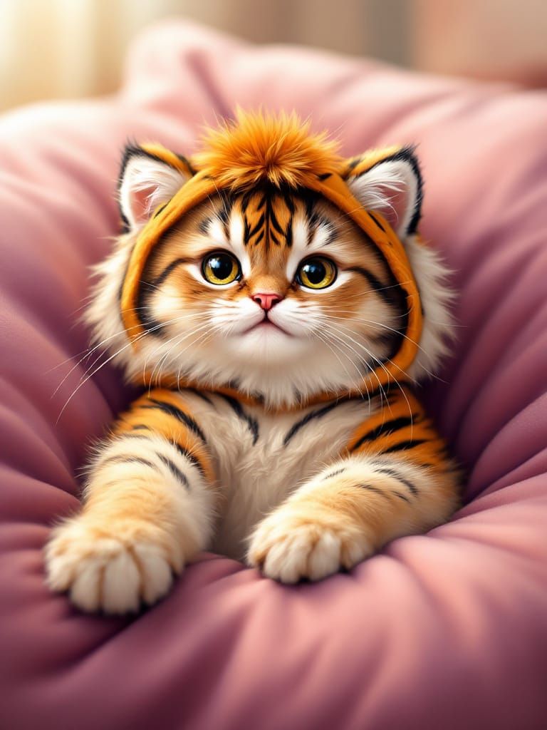 Persian Cat in Tiger Costume Lounging on Velvet Cushion