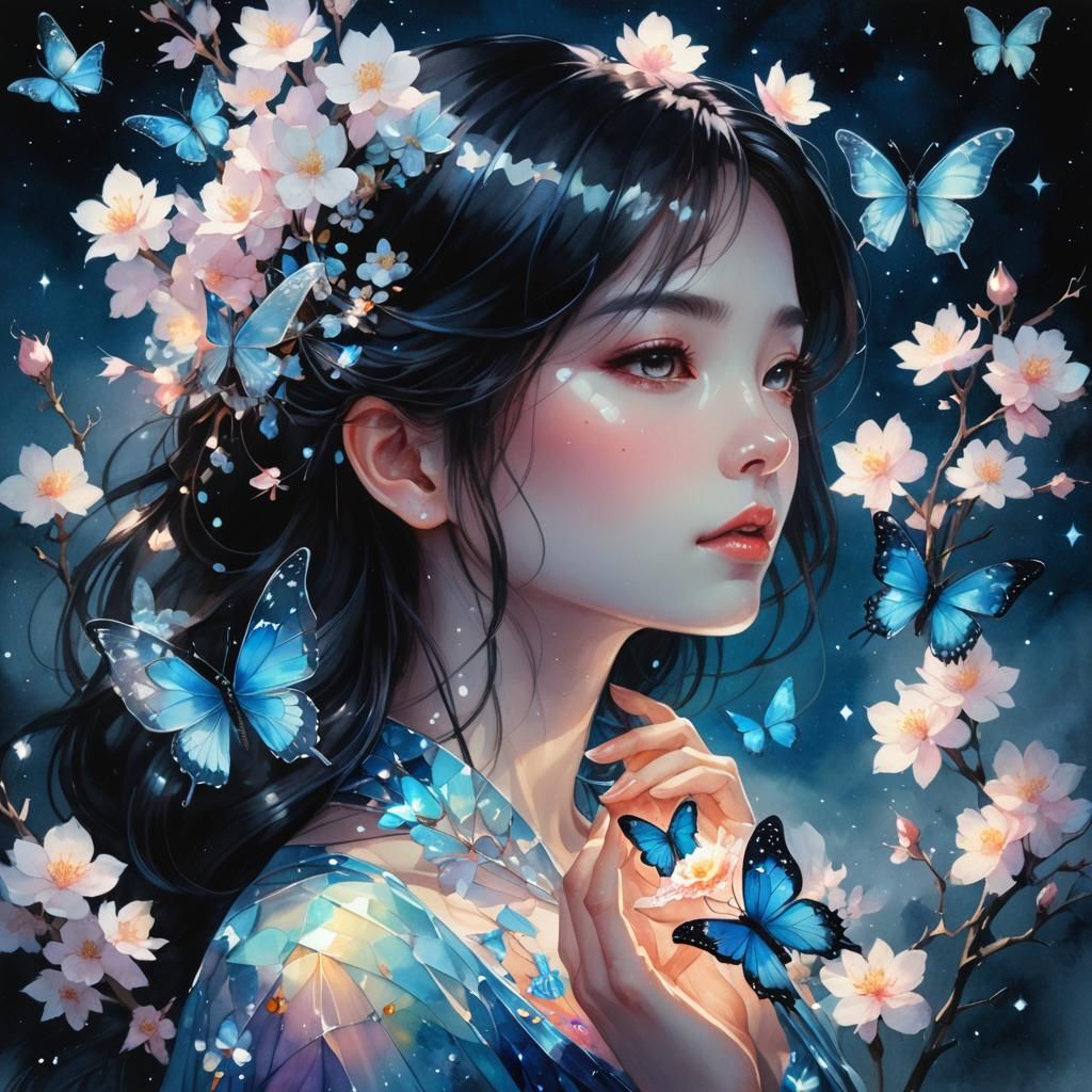 Luminous Crystal: Dark Haired Woman in Watercolor Constellat...