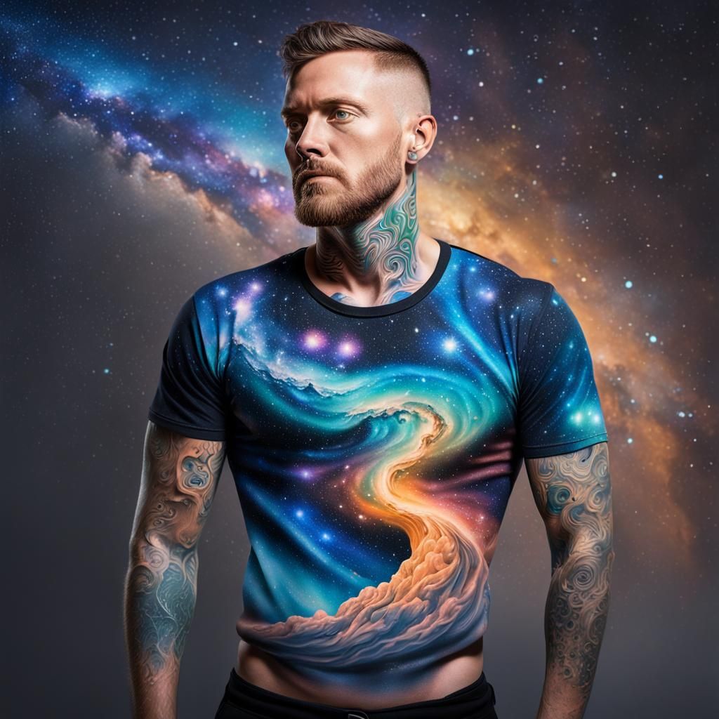 Man with Full Body Milky Way Tattoo: Hyperrealistic Art