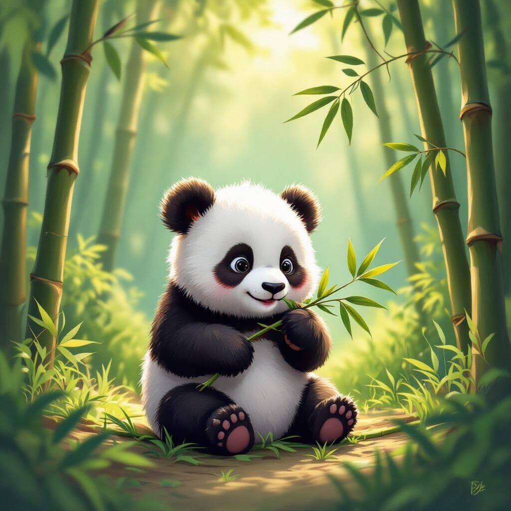 Adorable Baby Panda Eats Bamboo in Enchanting Forest Clearin...