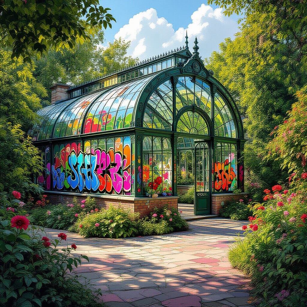 Art Nouveau Greenhouse with Vibrant Graffiti and Melting Tex...