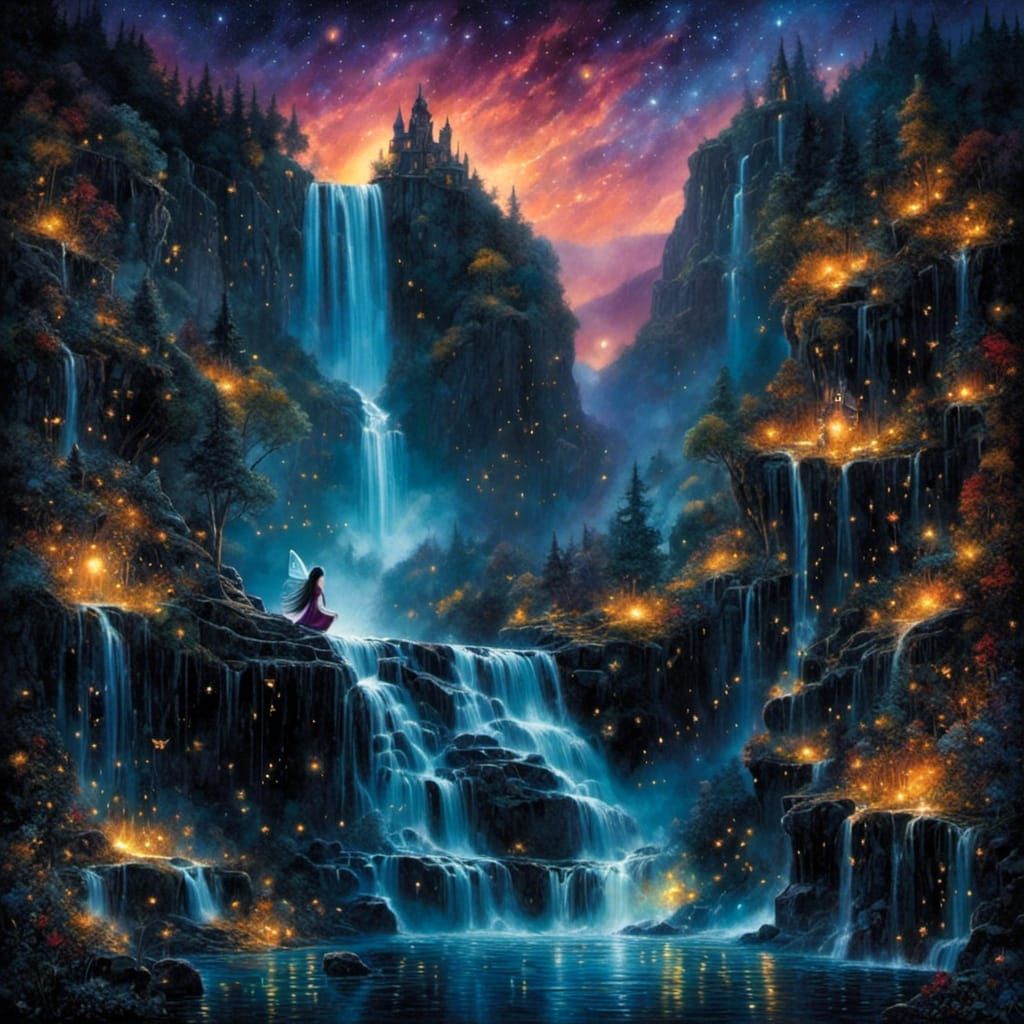 Gothic Fairy with Fireflies by Waterfall
