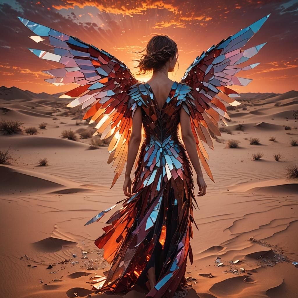 Woman with Shattered Glass Wings in Desert